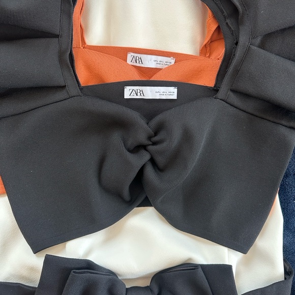 Zara Knit Ruffle Sleeve Pleated Crop Tops- 2 Pairs- Orange & Black (Size Large) - Picture 9 of 10